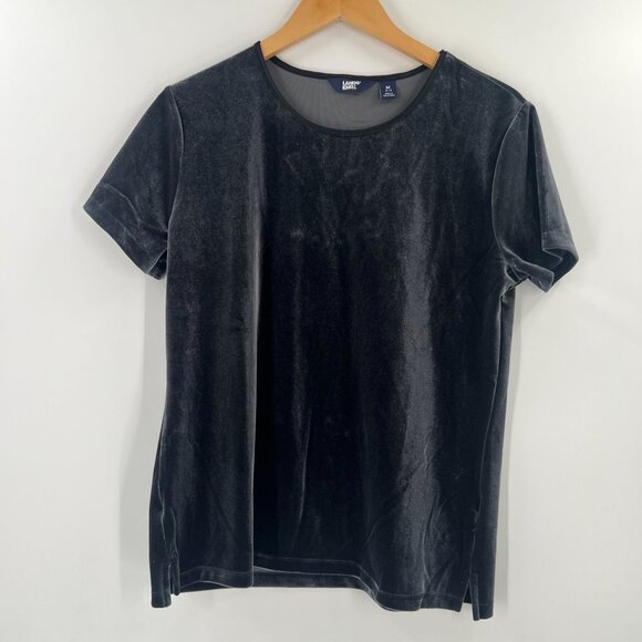 Lands' End Size 10/12 Black Gray Velvet T-Shirt Cozy Soft Holiday Layering - Picture 1 of 10